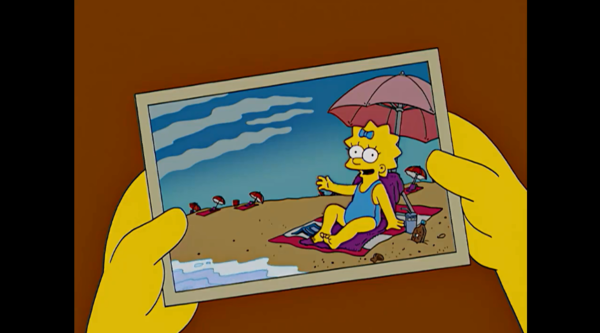 В недалёком будущем Мэгги выглядит просто как копия Лизы. 10 лет. Отдыхает на Аляске. Фрагмент сериала Симпсоны, s16e15