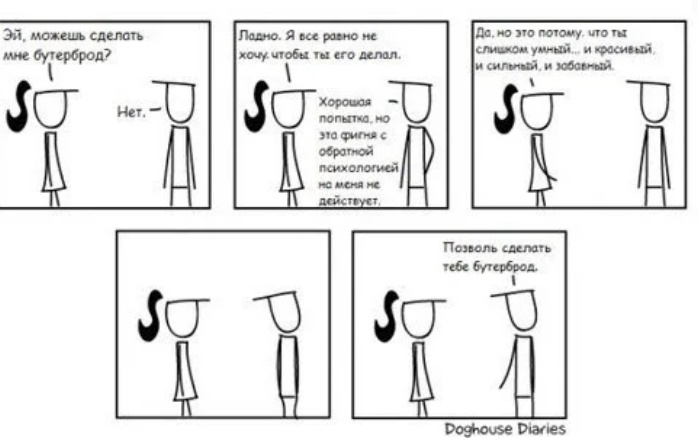 Суть проста-получить желаемое за счёт противоположных действий .Иными словами-хотите быть любимыми-не любите.Хотите похудеть-много ешьте.