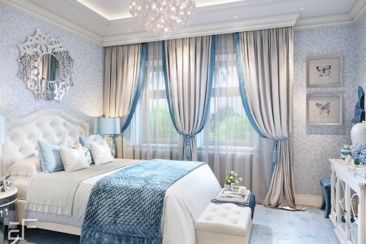 Дизайн интерьера спальни для девочки  в голубом цвете