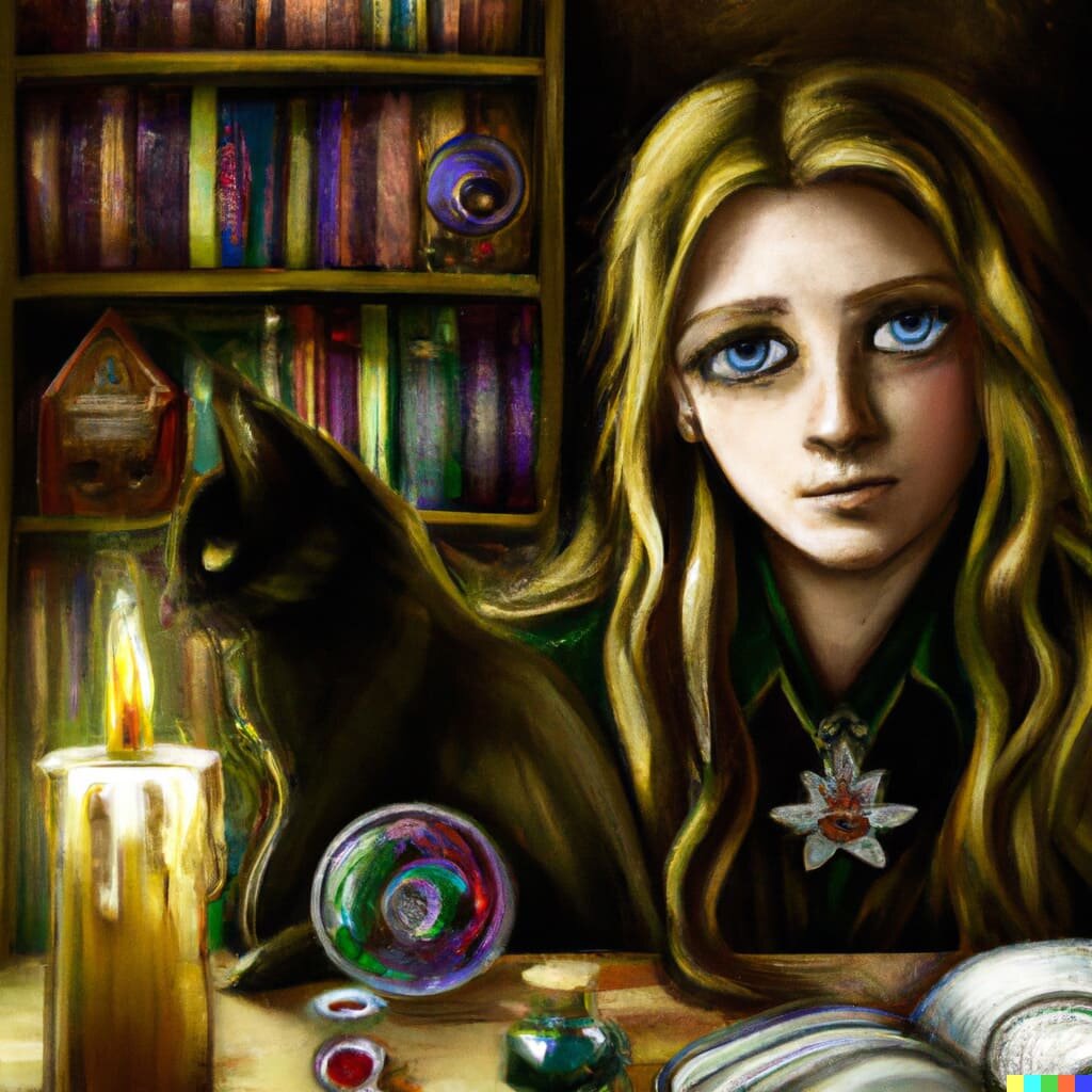 Волшебница и её кот-фамильяр. Картинка создана нами (командой HPClub) с помощью нейросети DALL-E 2 от OpenAI.