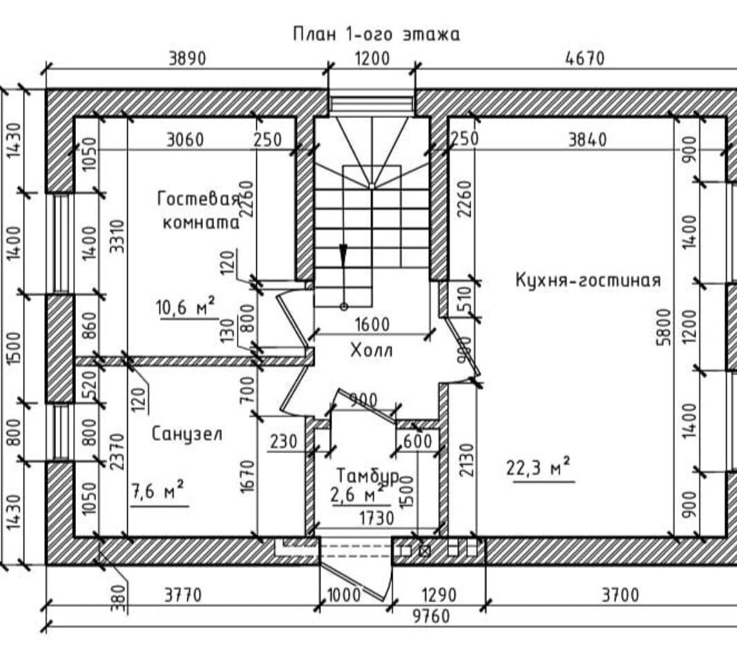 Пример плана первого этажа с размерами