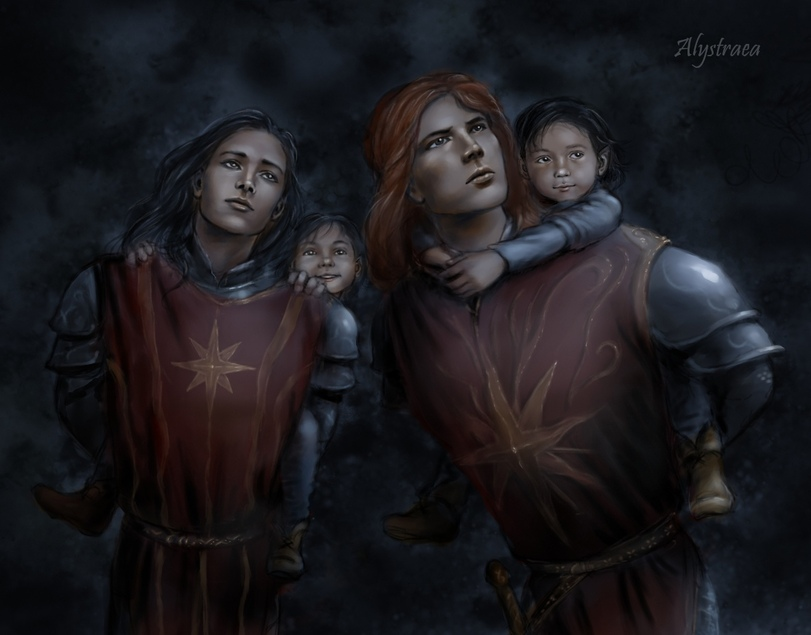 Маглор и Маэдрос вместе с Эльрондом и Эльросом (арт Alystraea, www.deviantart.com).