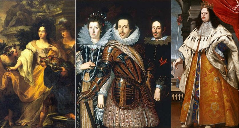 Слева: Анна Мария Луиза де Медичи, последняя из линии Великого герцога, в Минерве, Merkur und Plutus huldigen der Kurfürstin Анна Мария Луиза де Медичи (на английском языке: Минерва, Меркурий и Плутон отдают дань уважения Электрессе Анне Марии Луизе де ' Медичи) по Антонио Белуччи, 1706 г. - Фото: общественное достояние. В центре: Великая Княгиня Мария Маддалена, Великий Князь Козимо II и их старший сын, будущий Фердинандо II. Справа: Козимо III, великий князь Медичи, в регалиях Великого Герцога. Фото: общественное достояние.