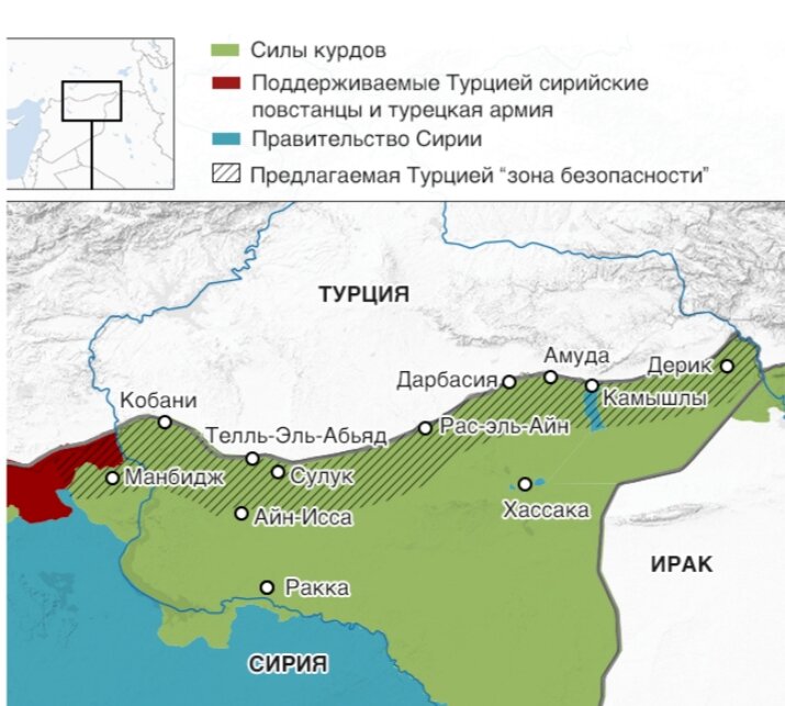 Зона действия турецкой операции "Источник мира" указана штриховкой (материал из открытых источников)