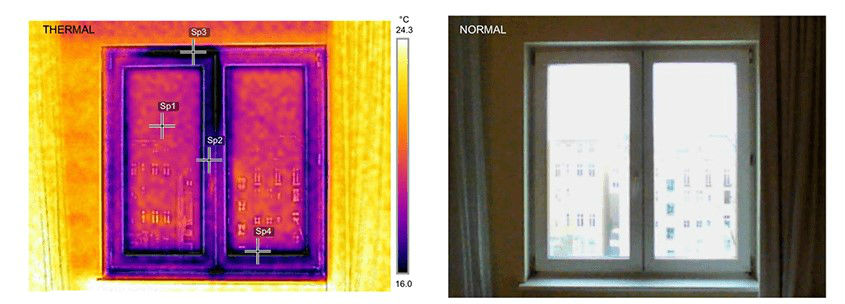 Тепло уходит через черные, фиолетовые, и сиреневые участки. У этого окна явные проблемы с уплотнителями. (фото msk.satels-okna.ru)