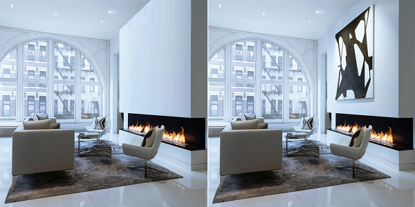 Картина над камином дополняет зону отдыха и значительно экономит средства на облицовку. Без графики над очагом однотонный портал выглядит намного скромнее.