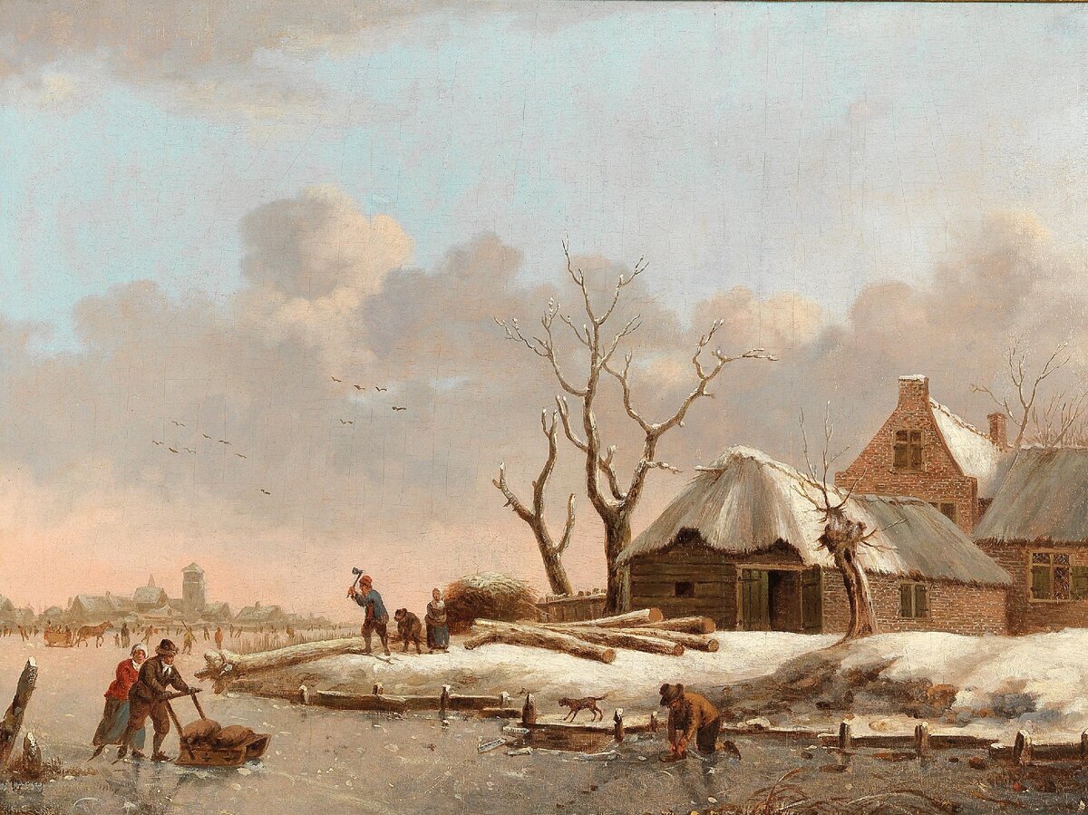 Хендрик Виллем Швейкхардт. «Зимний пейзаж с домами у замерзшей реки» 