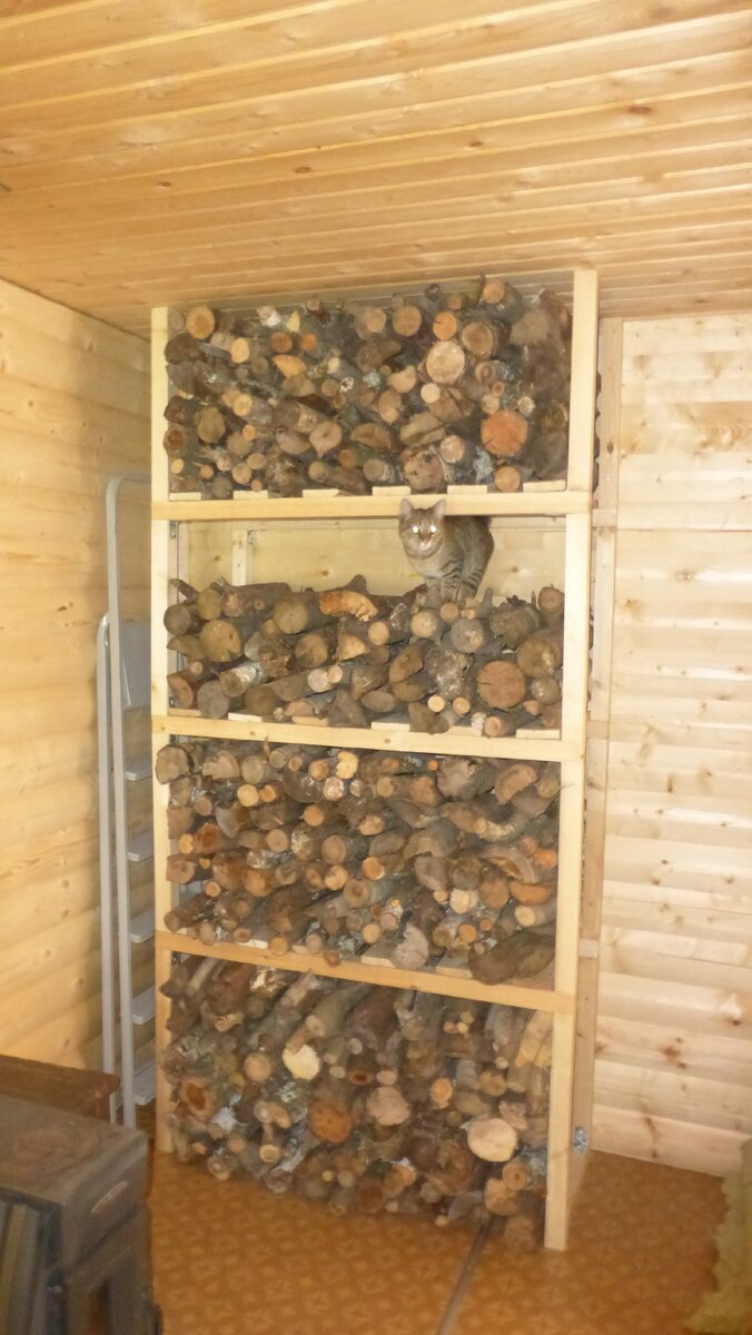 Готовый дровник с запасами дров примерно на 1 месяц.