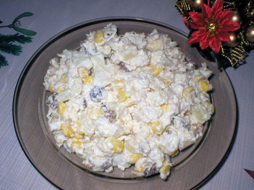 Салат, курица, грудки, мясо, еда, рецепт, кукуруза, ананас, майонез.