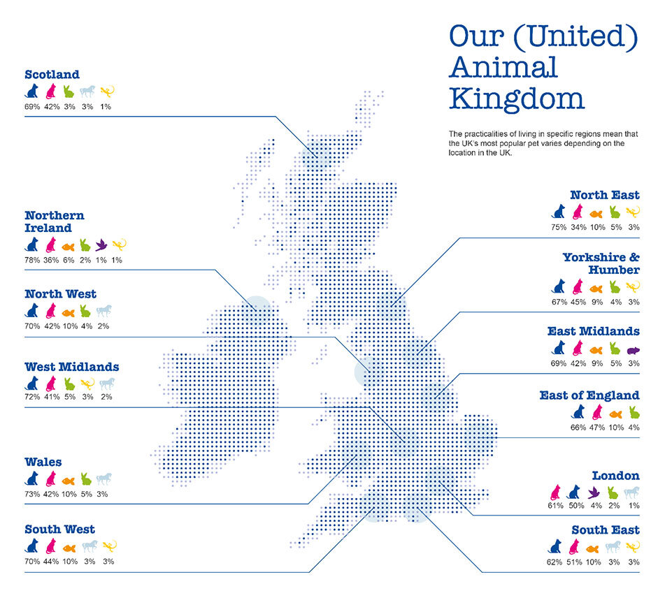 Распределение предпочтений британских владельцев животных по районам страны.