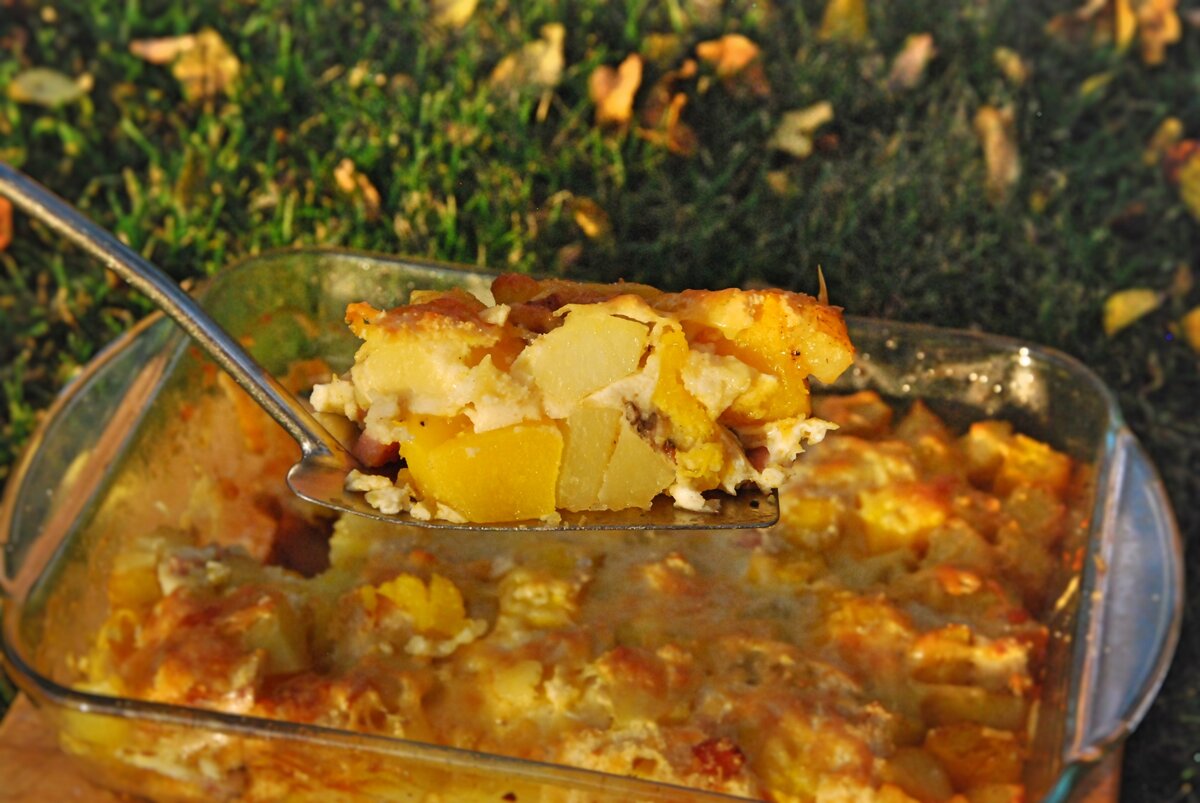 Печеная картошка с тыквой из "Гарри Поттера": 500 грамм мякоти тыквы, 500 грамм картофеля, 200 грамм тертого сыра, 1.5 стакана молока, 3 яйца, 0.5 стакана панировочных сухарей, 150 грамм ветчины, соль и специи