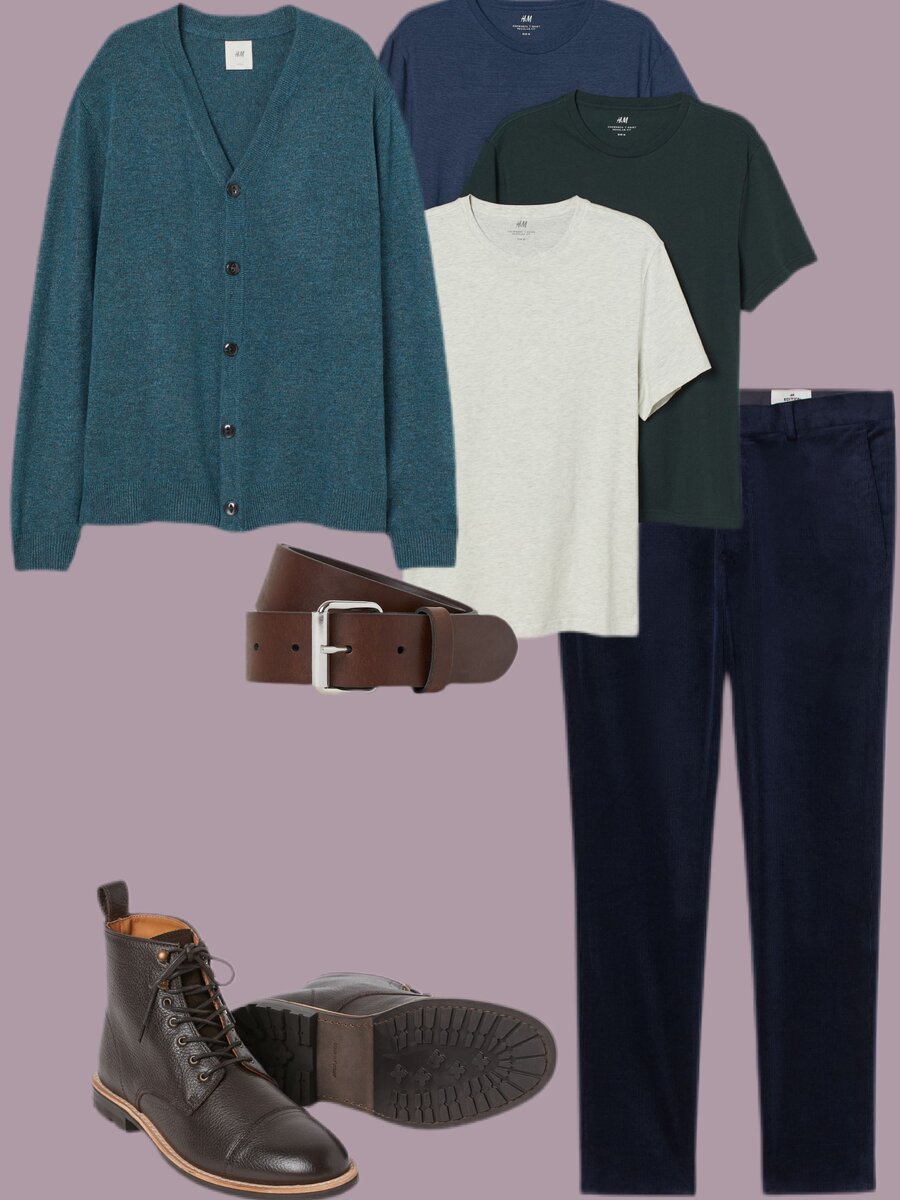 Комплект из 3 футболок Regular Fit, H&M (попробуй их все!) - 1599.
Кожаные ботинки, H&M, Premium Quality - 6499.
Кардиган из смесовой шерсти, H&M, Premium Quality - 2299.
Вельветовые брюки (синие, не чёрные!)б H&M, Premium Quality - 3999 (со скидкой 20% на момент создания образа, обычная стоимость 4999).
Ремень, H&M - 799.