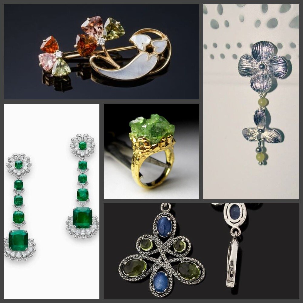 1) Турмалин. 2) Изумрудные серьги. 3) Перстень с зеленым гранатом. 4) Сережки с оливином. 5) Хризолитовая брошь.