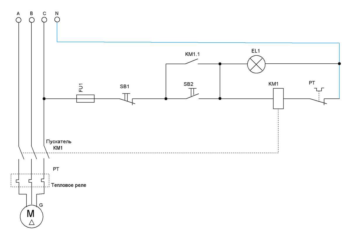 Схема подключения трех фазного двигателя с использованием пускателя,  индикаторной подсветки и теплового реле.