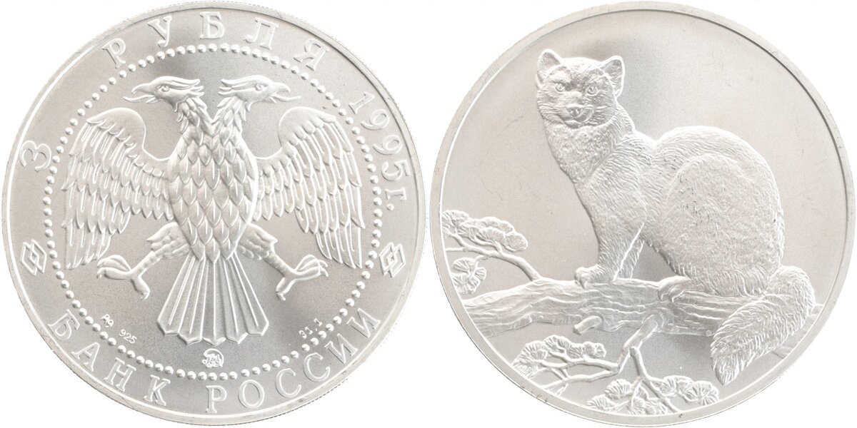 Тройская унция чистого металла в монете Банка России 1995 года выпуска (номинал: 3 рубля, отметка: "ММД"). Монета из собрания автора