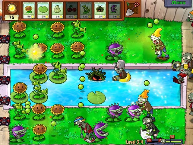 Игровой процесс Plants vs. Zombies. В верхней части экрана располагается панель, на которой отображаются пакеты с семенами растений, взятых на уровень игроком. Количество единиц «солнца» показано в левом верхнем углу экрана. Зомби появляются в правой части экрана и движутся по нему справа налево, до тех пор пока не будут убиты или не дойдут до дома. Игрок сажает растения, нажимая левой кнопкой мыши сначала на пакет с семенами того или иного растения, а затем на определённую клетку игрового поля. Полоса в правом нижнем углу экрана показывает текущий прогресс уровня.