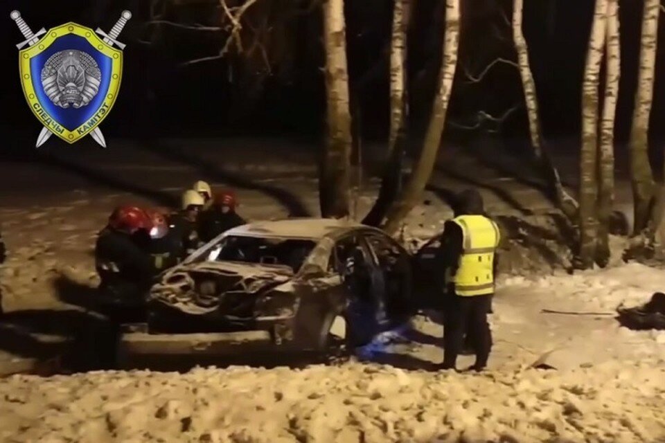     "Ауди" съехала в кювет, врезалась в дерево и загорелась. Фото: стоп-кадр | видео СК