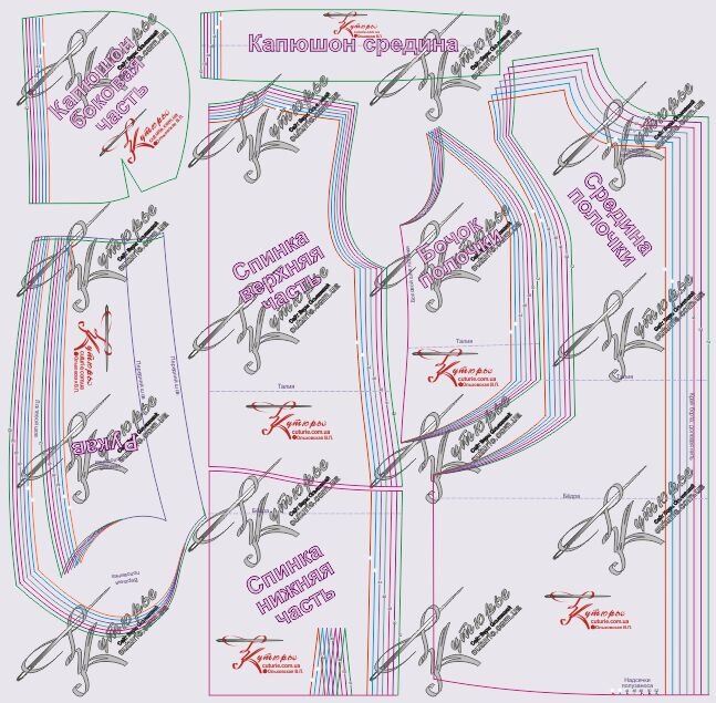 Рисунок с примером выкроек лекал пальто в ПДФ файле