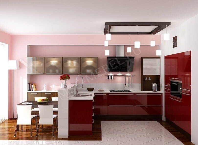 Современная кухня Бордо в вишневом пластике