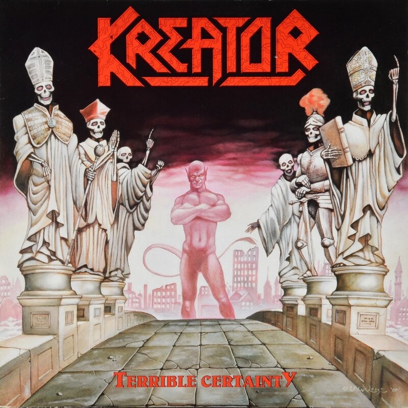 Рождение легенды: окончательный вариант маскота Kreator на обложке третьего студийного альбома 1987 года "Terrible Certainty" (автором этой устоявшейся концепции стал художник Фил Ловере)