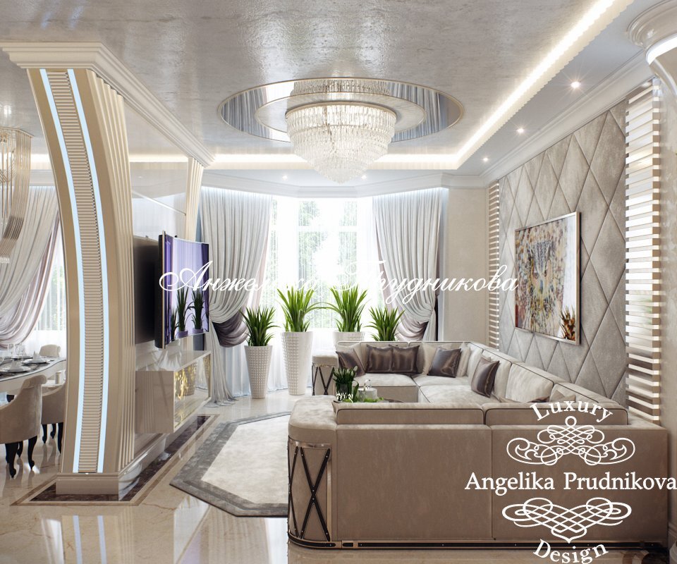 На фото: Интерьер современной гостиной с декоративной перегородкой 