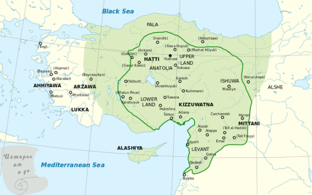 Хеттская империя в наибольшей степени в середине 1300-х годов до нашей эры..
