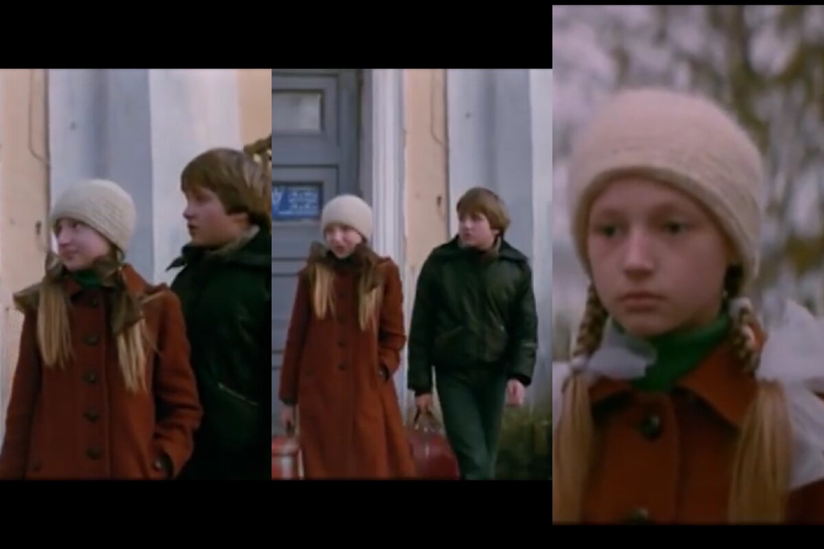 Пока делала коллаж, нашла киноляп) Смотрите это кадры из фильма, предполагающие действие в один временной  промежуток. Но в начале сцены Лена с белыми бантами, а в конце сцены с коричневыми.