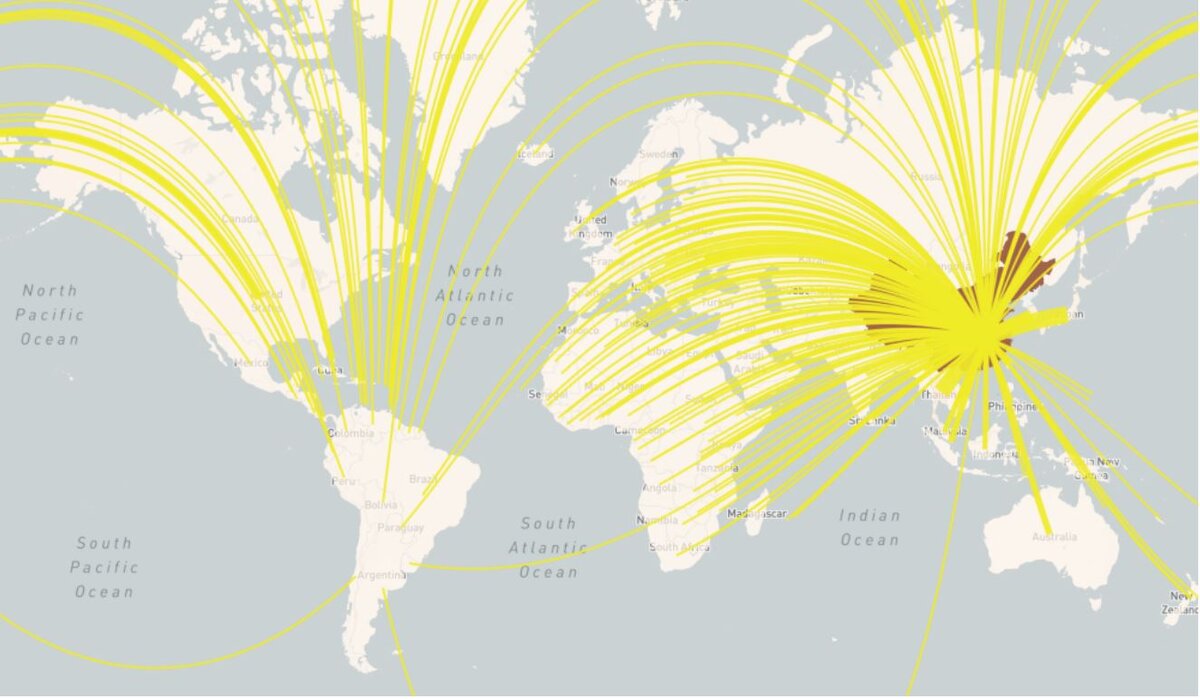 Инфографика глобального экспорта CIVID-19 из Китая в январе 2020. Источник: https://www.rand.org/pubs/research_reports/RRA248-3.html
