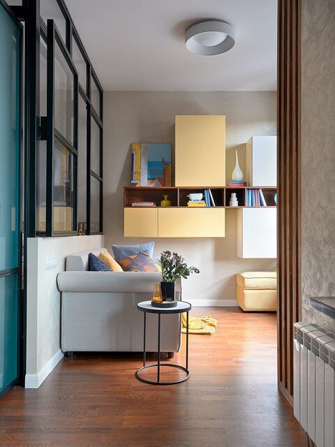 На 36 кв.м. - спальня, кухня, гостиная, гардеробная и красочный уютный интерьер