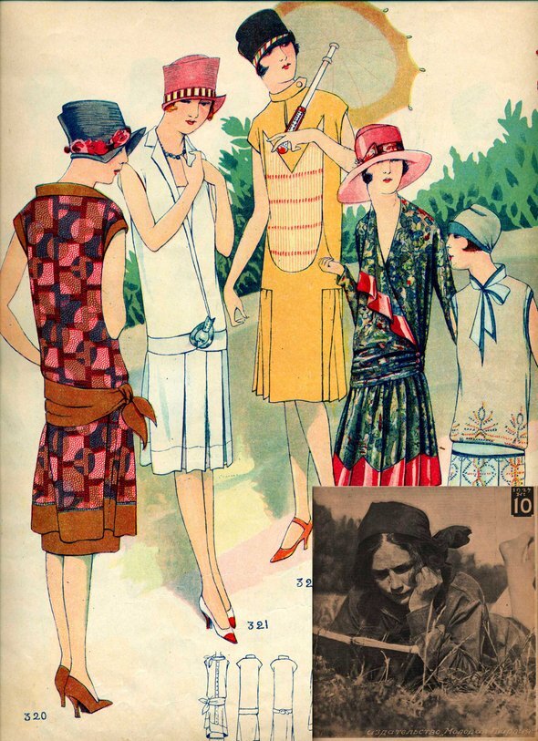    Рисунки весенне-летних нарядов. Правое платье решено в русском крестьянском вкусе «Женский журнал», 1929. Архив О. А. Хорошиловой / Идеальная комсомолка должна была выглядеть так — ситцевое платье, кожаная куртка и красная косынка на голове. Обложка журнала «Смена», 1927. Архив О. А. Хорошиловой
