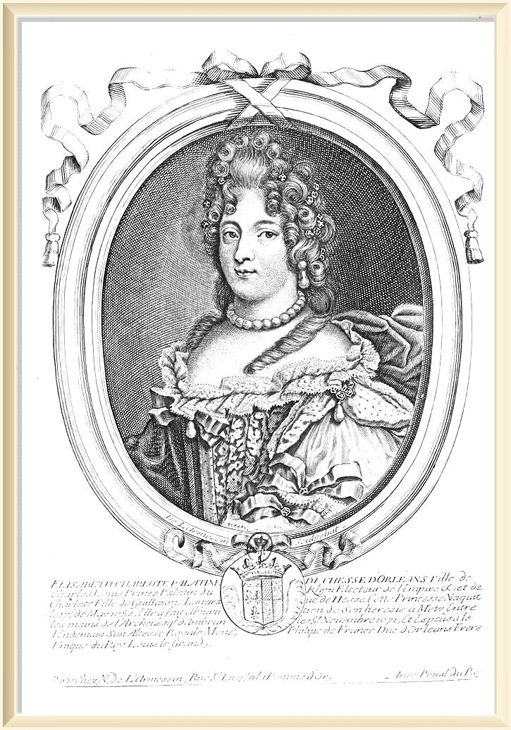 Лизелотта фон дер Пфальц, гравюра 1690 года. Автор Николя де Лармессен