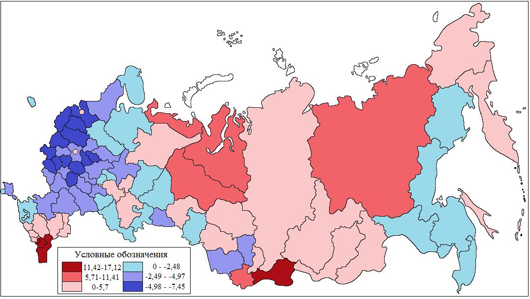 Рис. Коэффициенты естественного прироста населения регионов РФ в 2015-2018 гг.