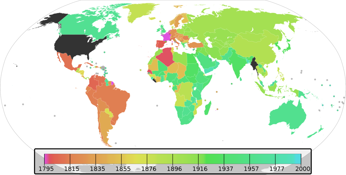 Черным отмечены страны, не принявшие до сих пор систему СИ в качестве основной. (США, Мьянма, Либерия) 
