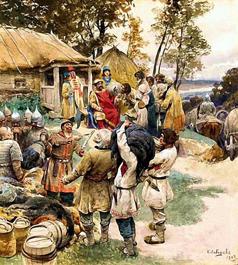 Лебедев К.В. Князь Игорь собирает дань с древлян.