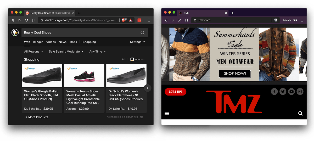 Примеры уважающей конфиденциальность собственной (duckduckgo.com слева) и сторонней рекламы, наносящей ущерб конфиденциальности (tmz.com справа)