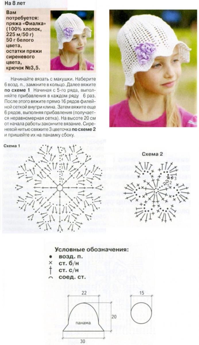 Панамка для девочки крючком на 2 года схема