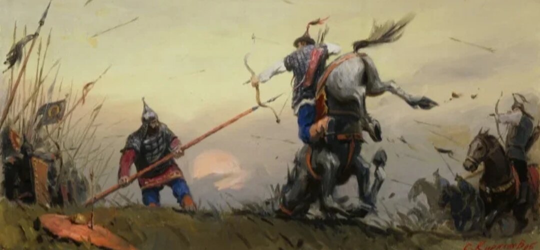 Схватка между русским воином и татаро-монголом, сейчас русский насадит татарина на копья