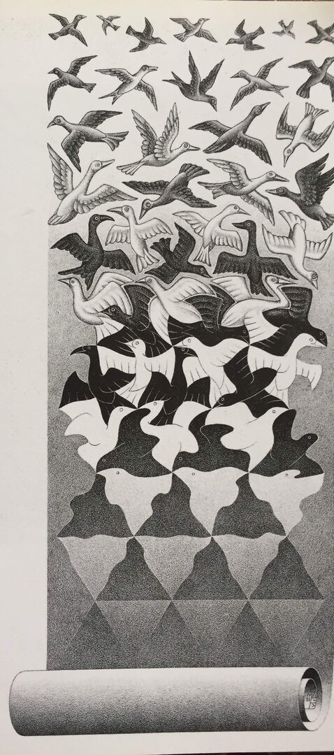Освобождение. Литография.  Мауриц Корнелис Эшер, 1955. Все иллюстрации взяты из альбома работ М. К. Эшера, издательство "Арт-Родник", 2001.