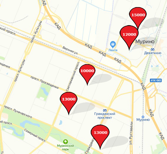 Нанесли на карту примерное нахождение объектов в  районе, чтобы нас не обвинили в рекламе.