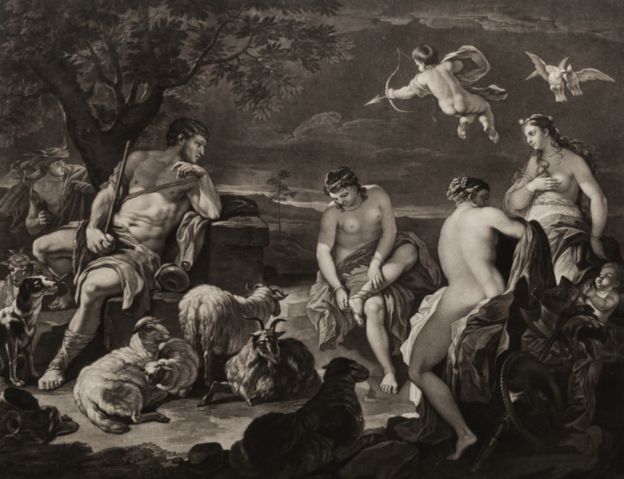 Р. Ирлом (по оригиналу Л. Джордано). Суд Париса. 1778 г. Бумага, меццо-тинто. Собрание С.А. и М.В. Васильевых.