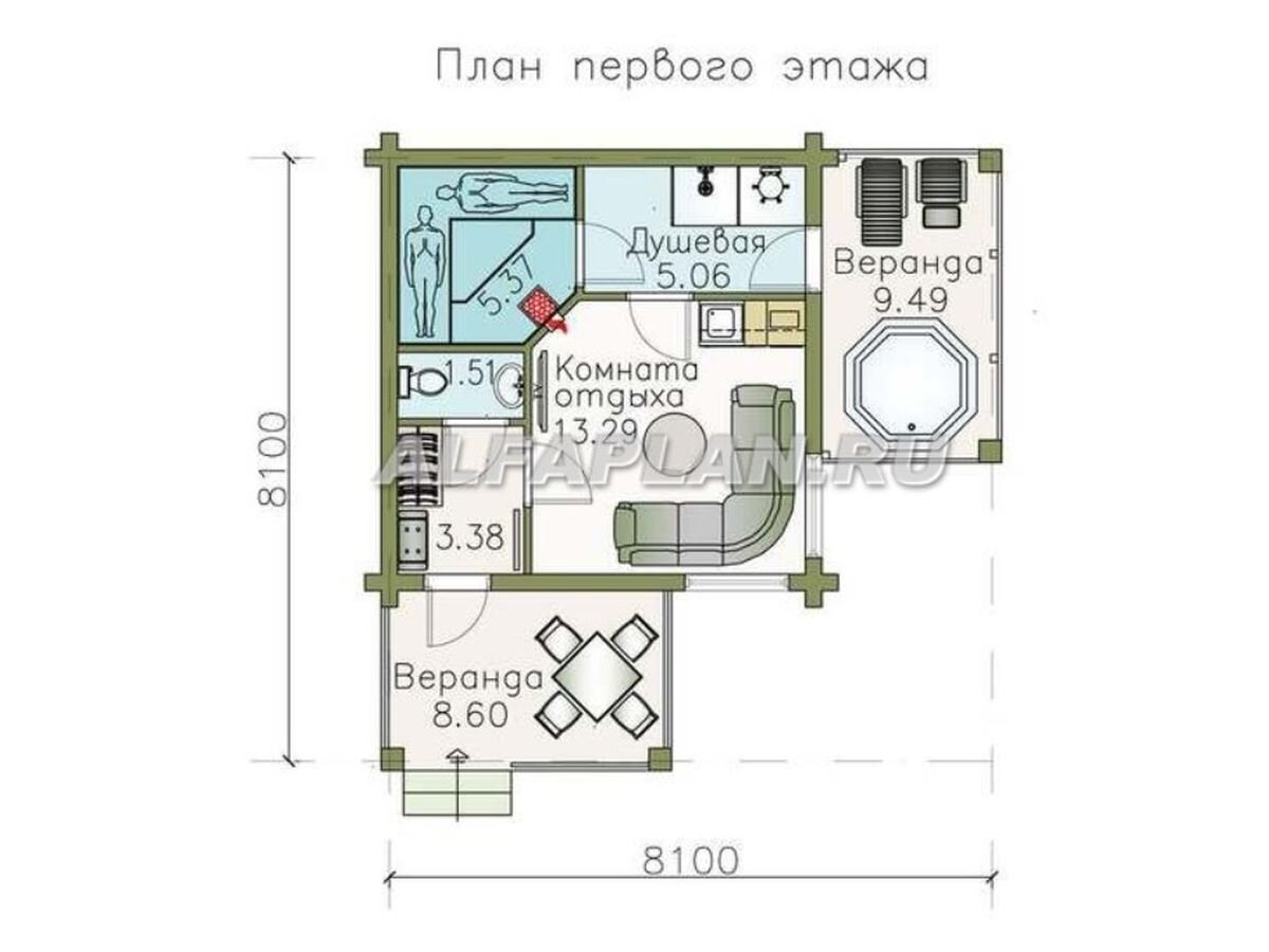 Проект компактной угловой бани из бревна 804С, 38 м2 | Популярные проекты  домов Альфаплан | Дзен