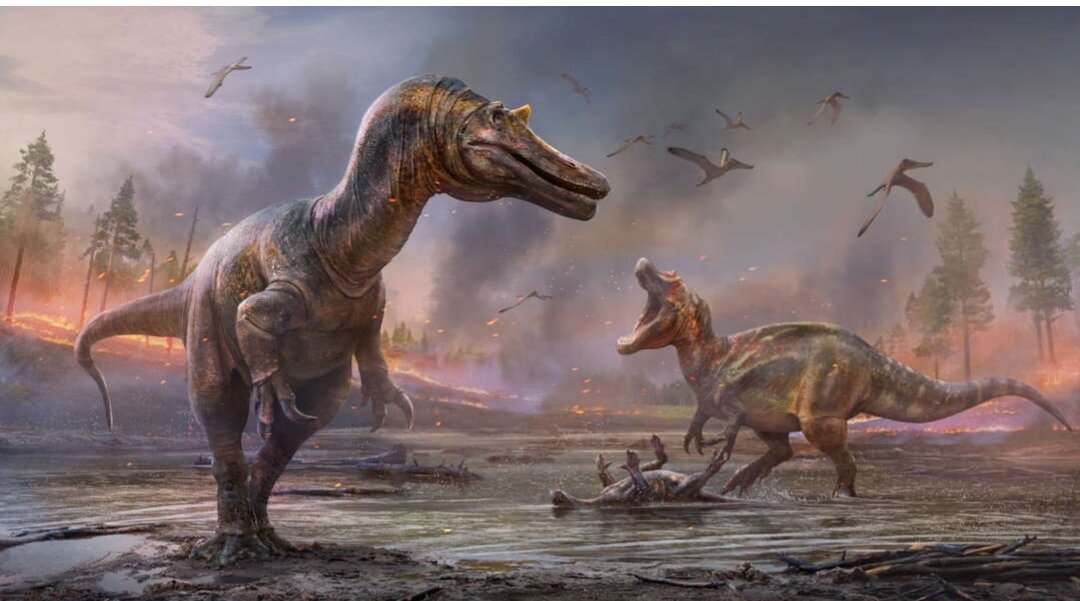 eratosuchops inferodios находится на переднем плане, в то время как Riparovenator milnerae находится на заднем плане в исполнении динозавров этого художника. 