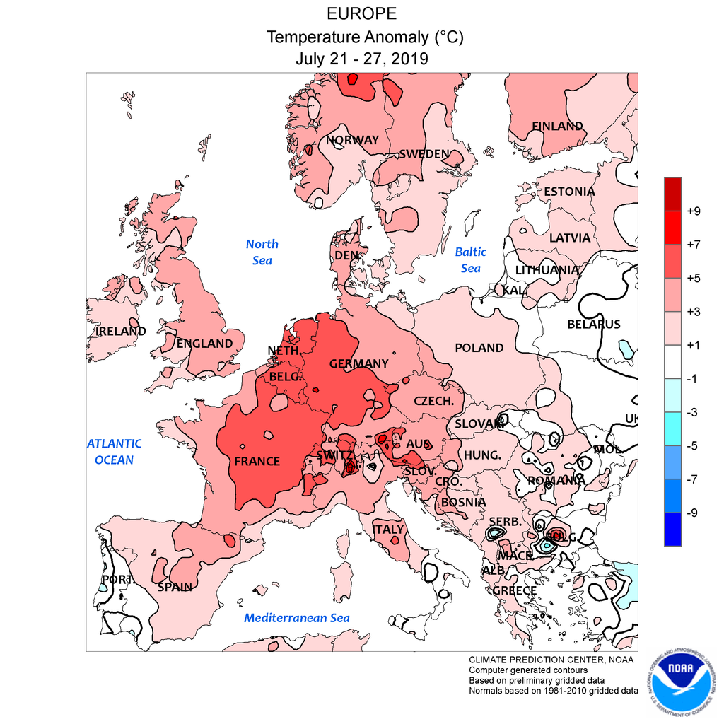 Температурные аномалии в Европе 21–27 июля 2019 годаNOAA