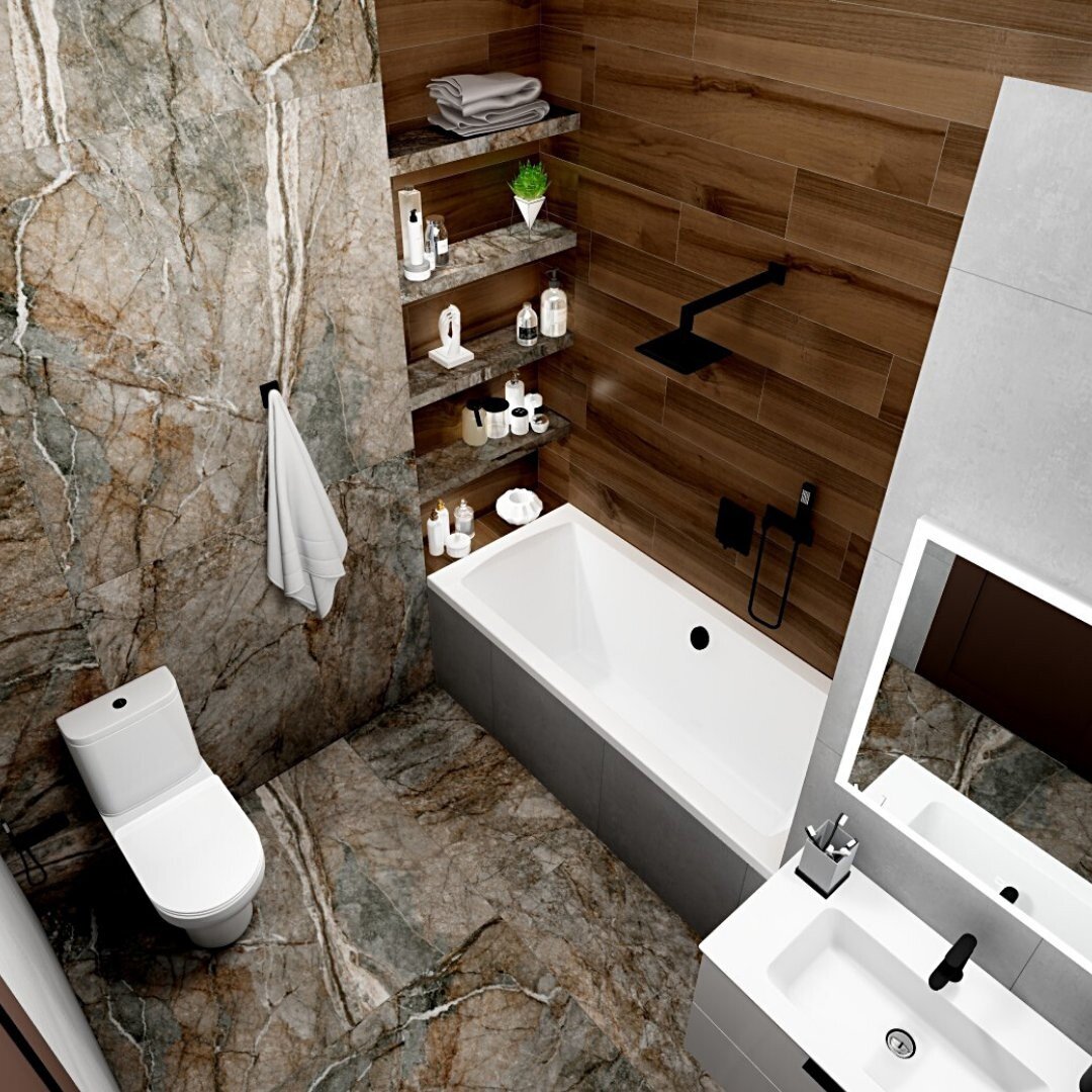 Оригинальный, дерзкий образ. Наполнен энергией, наделен самобытным характером. Дизайн построен на магическом сочетании материала и практичности обстановки. Керамический гранит в отделке, сантехника и мебель для ванной KERAMA MARAZZI