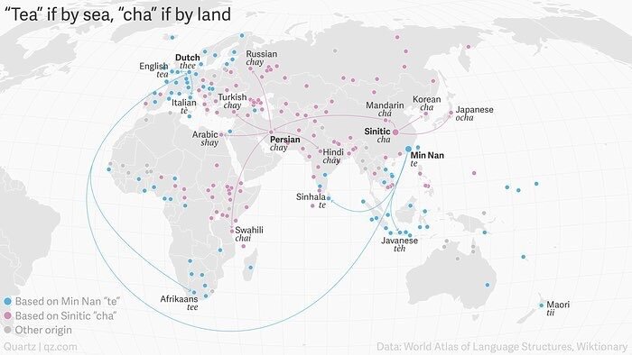 Синие пунсоны - названия, образованные от "te"; красные - от "cha"