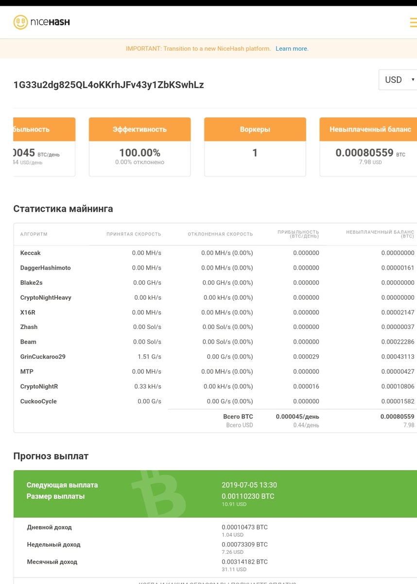 Чтобы увидеть статистику откройте nicehash.com найдите раздел"найти майнер" и введите ваш биткоин адрес