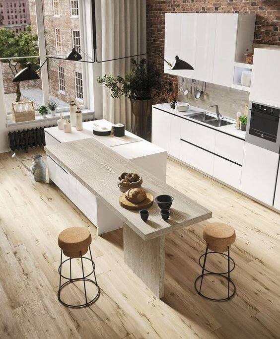 Кухня в стиле лофт. Контрастные сочетания цветовых оттенков и фактур.