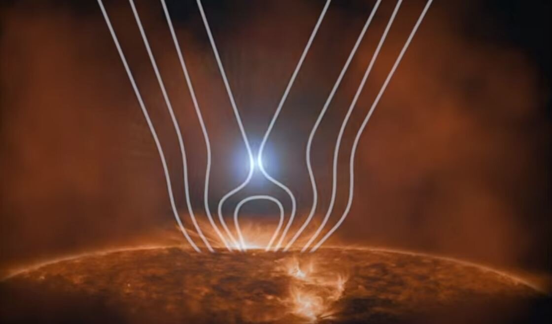 Вынужденное пересоединение магнитных линий в солнечной магнитосфере. Художественное представление. Источник изображения: NASA's Goddard Space Flight Center
