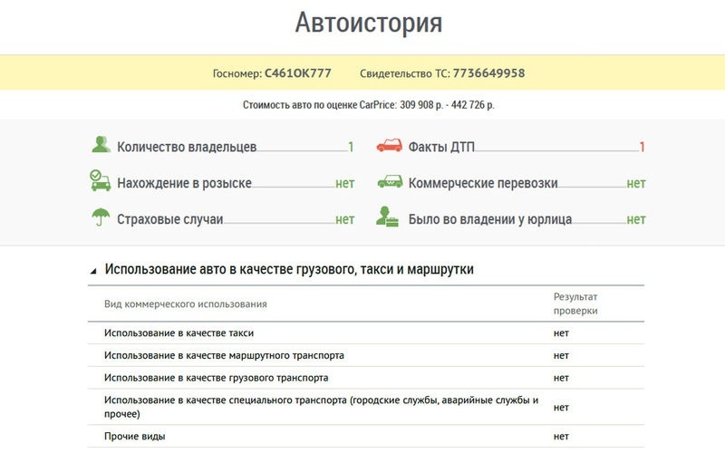 Пример выводимой информации по автомобилю через базу «Автокод». В данном случае ничего криминального в истории машины нет. Лишь одно ДТП. Но довольно часто бывшие таксомоторы засвечиваются по полной в ходе такой проверки.