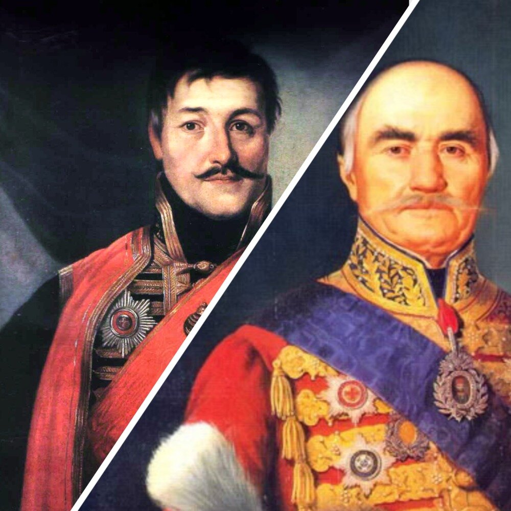 Карагеоргий (слева), убитый людьми Милоша Обреновича (справа).